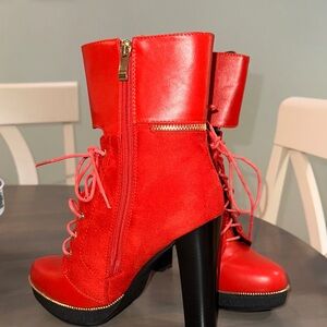 Italina Red Heeled Boots with Gold Zipper